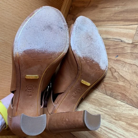 Lauren Ralph Lauren 7-1/2 camel leather high heel open toe buckle ankle booties - Picture 5 of 11